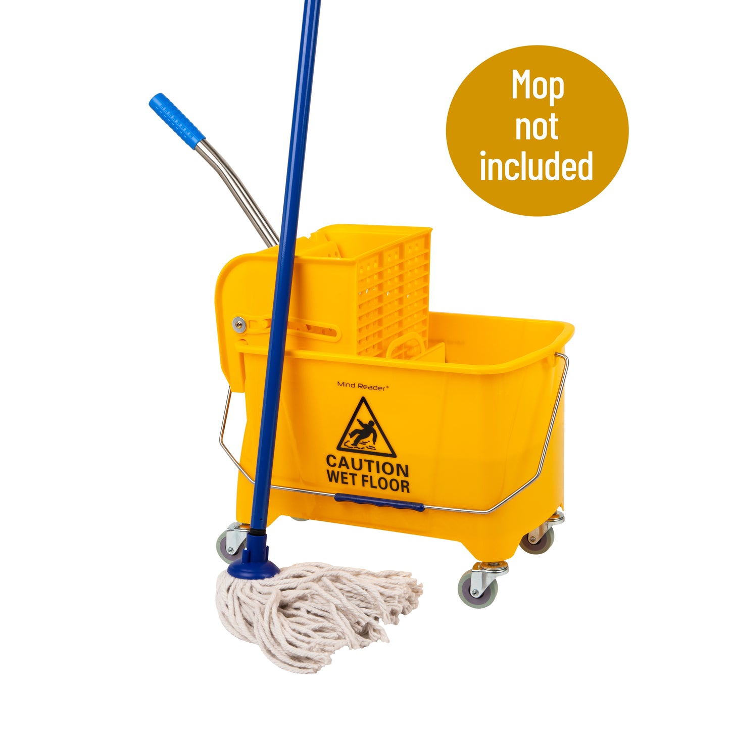 Mind Reader Mop Bucket with Wringer, 22 Qt (5.5 Gallon), Floor Cleaning, Handle, Wheels, 16.25"L x 10.75"W x 24.5"H, Yellow