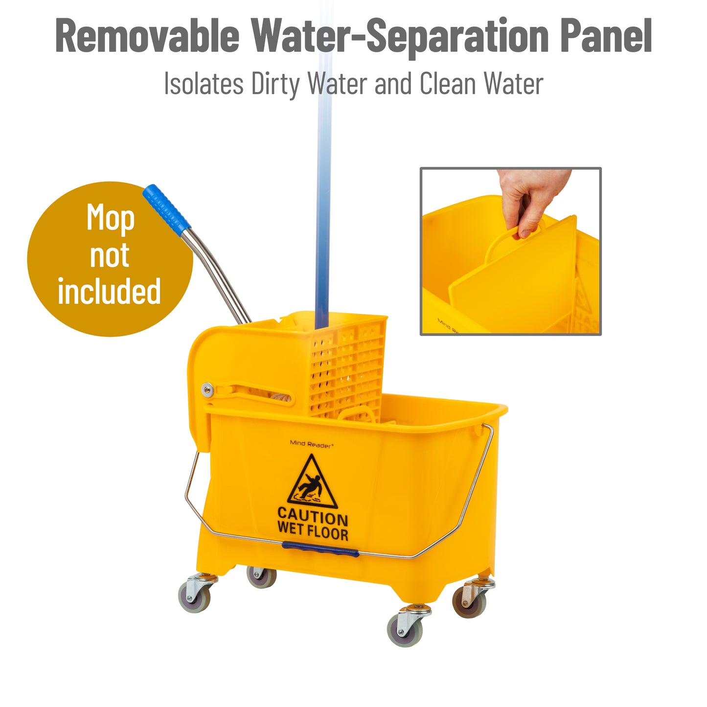 Mind Reader Mop Bucket with Wringer, 22 Qt (5.5 Gallon), Floor Cleaning, Handle, Wheels, 16.25"L x 10.75"W x 24.5"H, Yellow