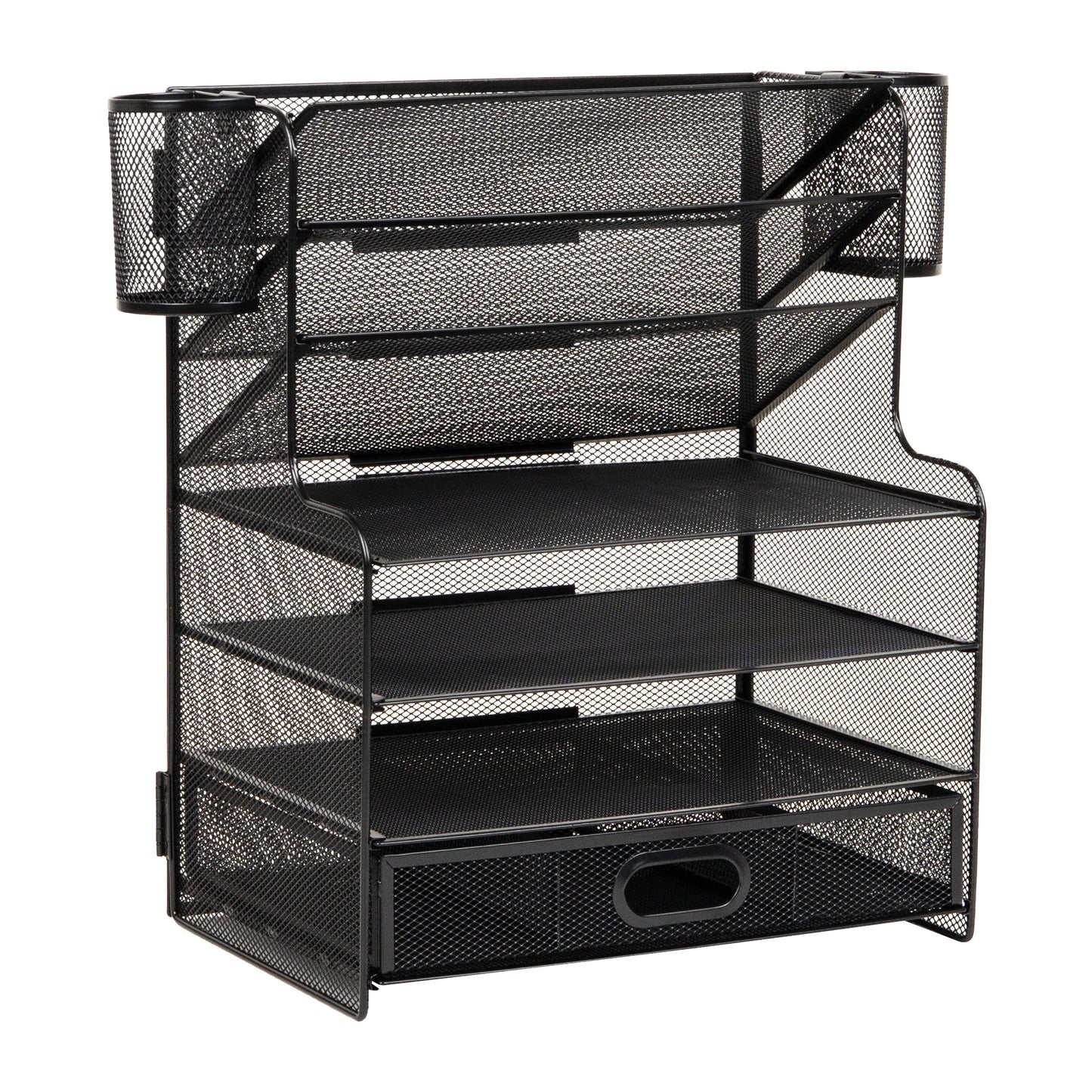 Mind Reader Mesh Desk Organizer, 6 Compartments, 1 Drawer, 2 Pen Cups, Office Desktop Organizer, Metal Mesh, Black