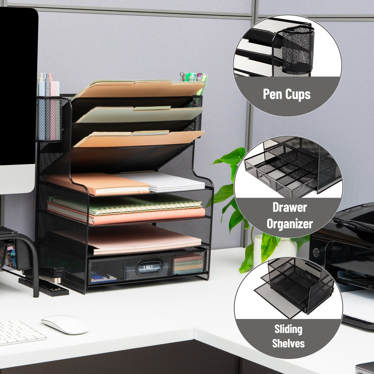 Mind Reader Mesh Desk Organizer, 6 Compartments, 1 Drawer, 2 Pen Cups, Office Desktop Organizer, Metal Mesh, Black