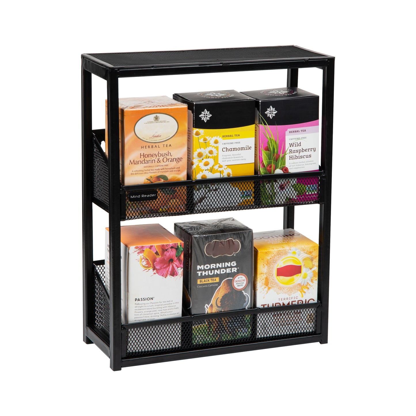 Mind Reader Network Collection, 2 Tier Tea Box Organizer, Breakroom, Countertop Organizer, Wood and Wire Mesh, Black
