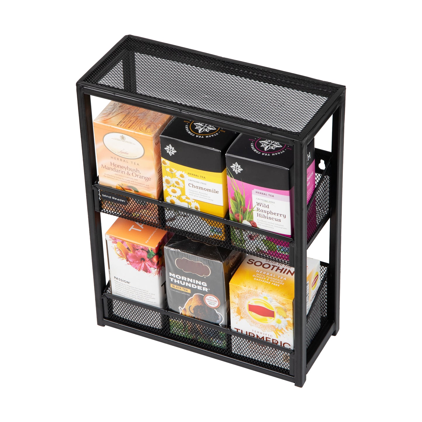 Mind Reader Network Collection, 2 Tier Tea Box Organizer, Breakroom, Countertop Organizer, Wood and Wire Mesh, Black