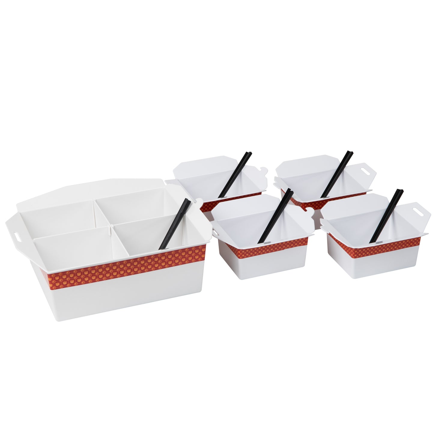 Mind Reader Chinese Take Out Serving Set, Divided Serving Tray, 4 Bowls, Melamine, 15"L x 13"W x 5.5"H, 5 pcs, White