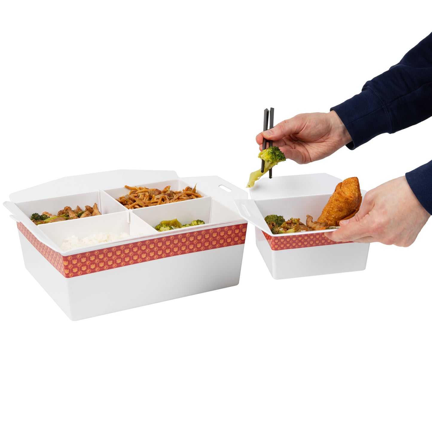 Mind Reader Chinese Take Out Serving Set, Divided Serving Tray, 4 Bowls, Melamine, 15"L x 13"W x 5.5"H, 5 pcs, White