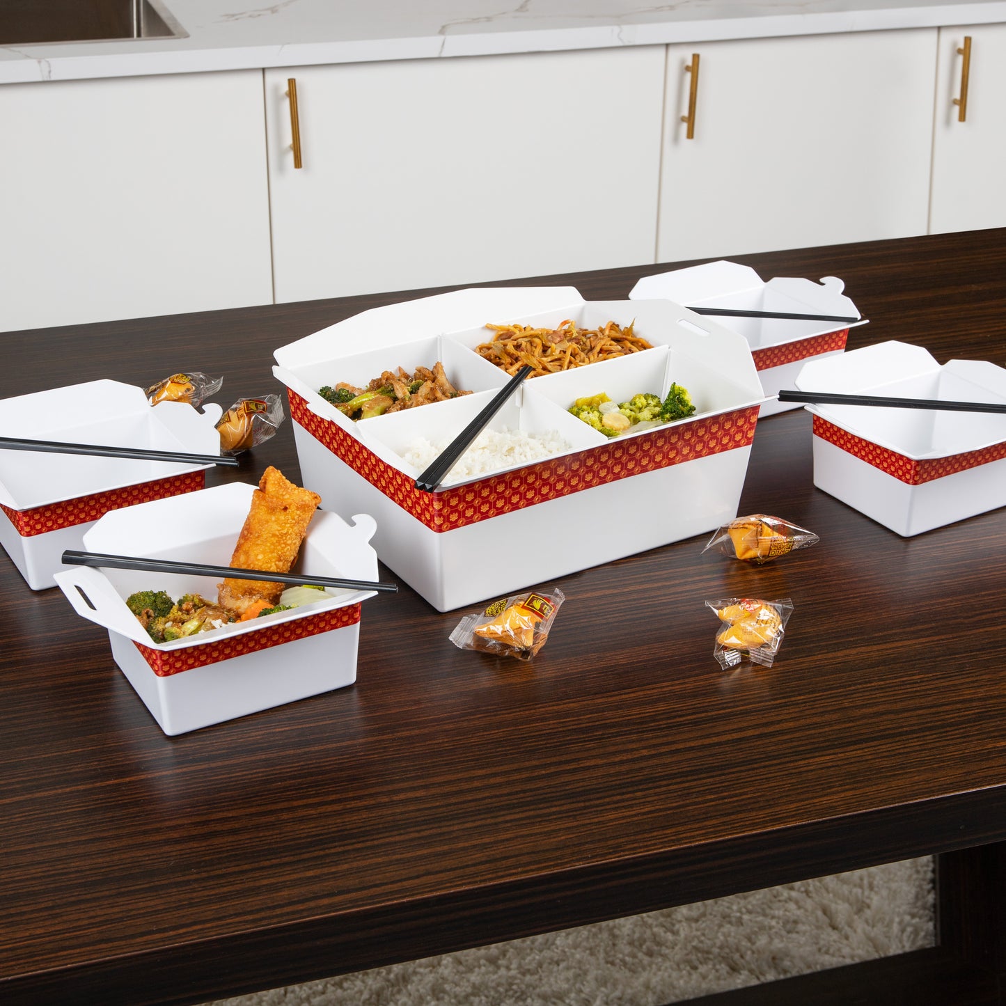 Mind Reader Bon Appetit Collection, Chinese Take Out Serving Set, 5 Piece Set includes Divided Serving Tray and Four Individual Bowls, Melamine, White