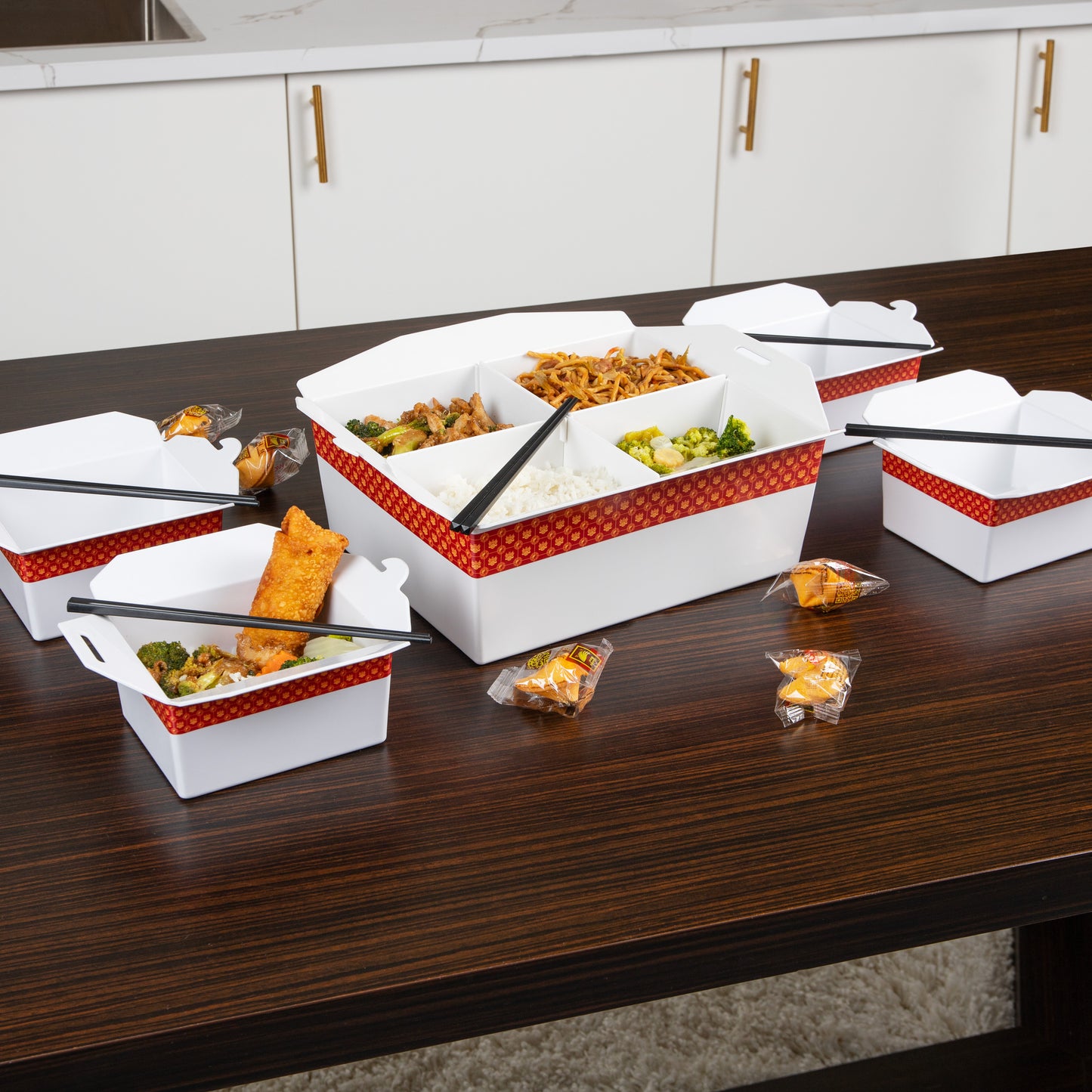 Mind Reader Chinese Take Out Serving Set, Divided Serving Tray, 4 Bowls, Melamine, 15"L x 13"W x 5.5"H, 5 pcs, White