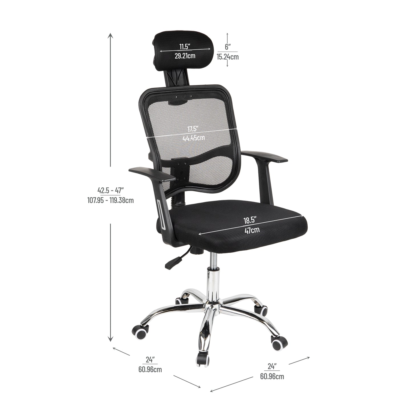 Mind Reader Swivel Office Chair with Headrest, Height Adjustable, Desk Chair, Office, 24"L x 24"W x 42.5-47"H, Black