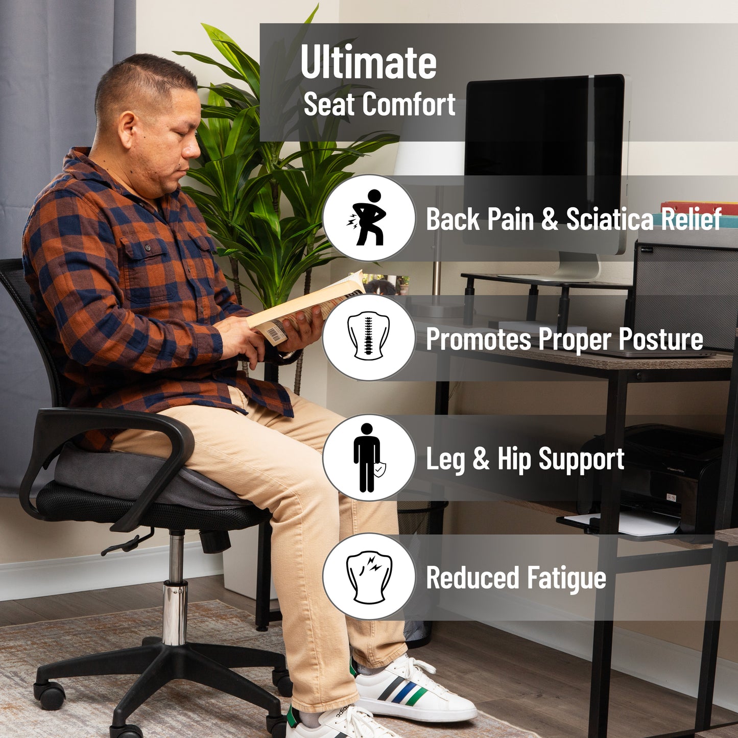 Mind Reader Memory Foam Seat Cushion, Ergonomic Pressure Relief for Office, Car, and More, Relieves Hip, Tailbone, Coccyx & Sciatica Pain, 18"L x 16.75"W x 4"H
