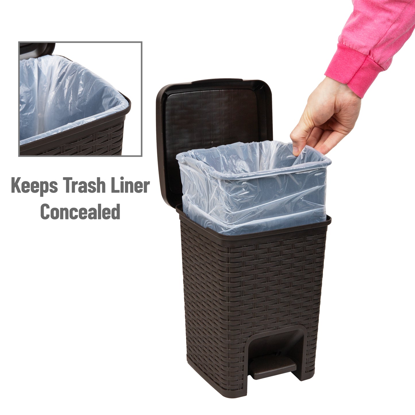 Mind Reader Basket Collection, Square Wastepaper Pedal Basket and Toilet Brush Set, Wicker Style, Bathroom, 2 Piece Set