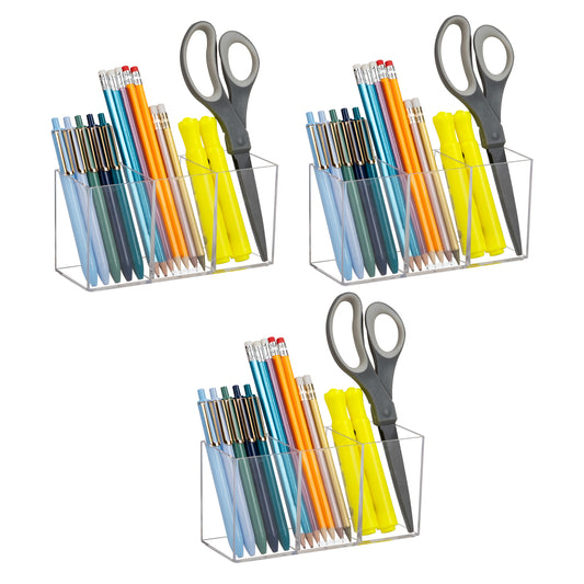 Mind Reader Pen and Accessories Holder, Desktop Organizer, Makeup Organizer, Office, Acrylic, 7"L x 2.5"W x 3.5"H, Set of 3, Clear