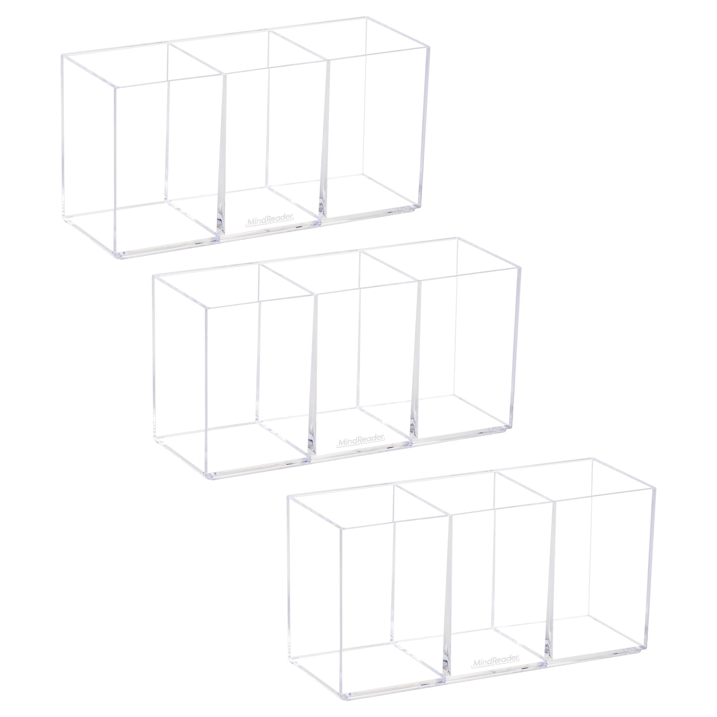 Mind Reader Pen and Accessories Holder, Desktop Organizer, Makeup Organizer, Office, Acrylic, 7"L x 2.5"W x 3.5"H, Set of 3, Clear