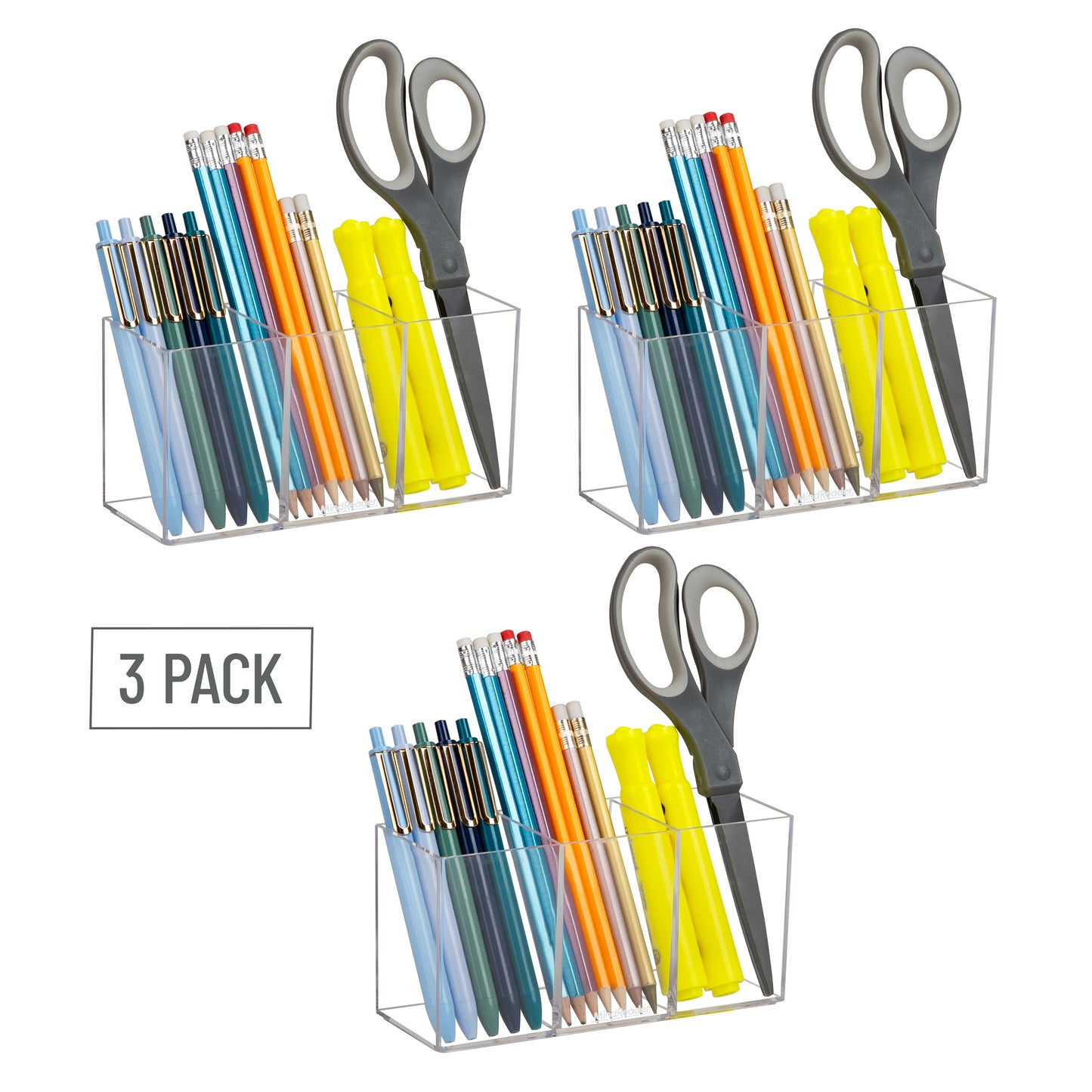 Mind Reader Pen and Accessories Holder, Desktop Organizer, Makeup Organizer, Office, Acrylic, 7"L x 2.5"W x 3.5"H, Set of 3, Clear