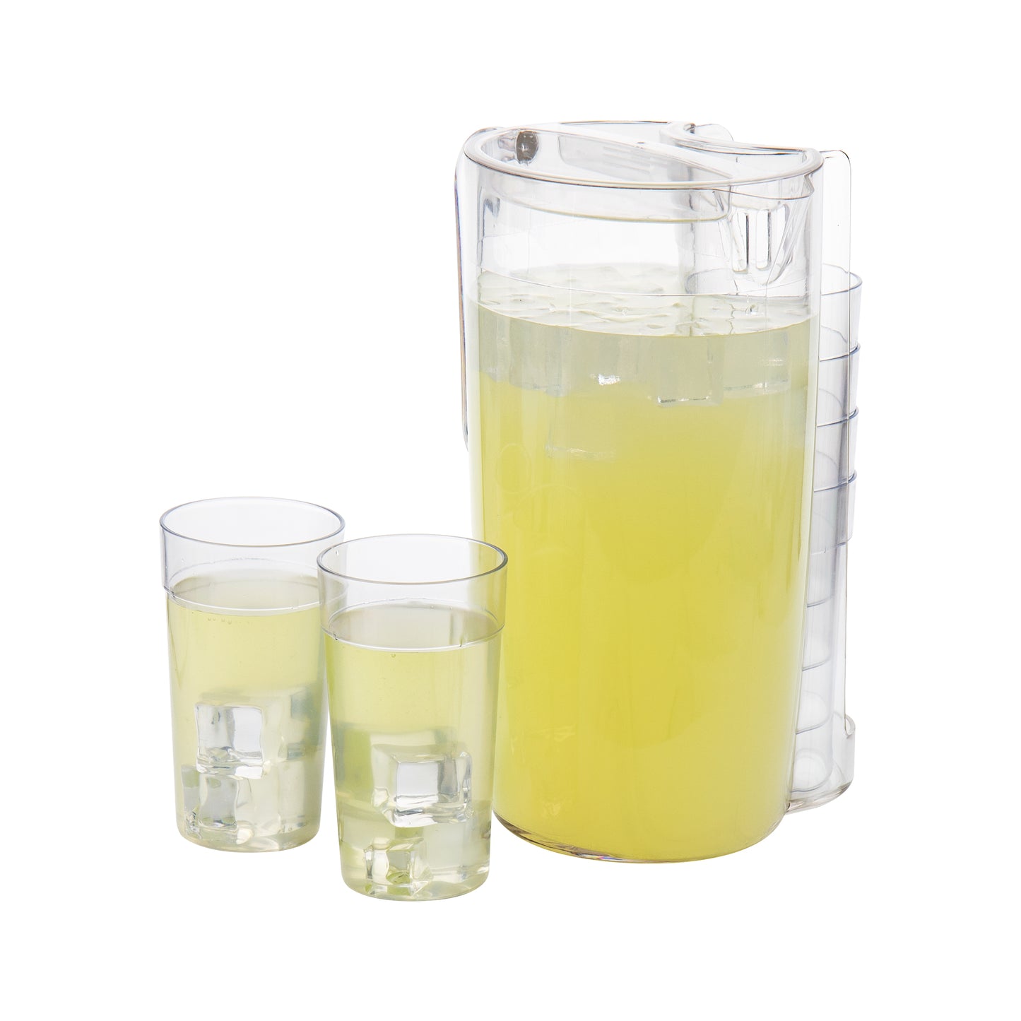 Mind Reader Foundation Collection, Pitcher and Cup Set, 88oz. Pitcher with Built-in Glass Storage, Includes 6 - 10oz. Cups, High-Quality 100% AS Plastic, 6.5"L x 6.5"W x 10.5"H, Clear