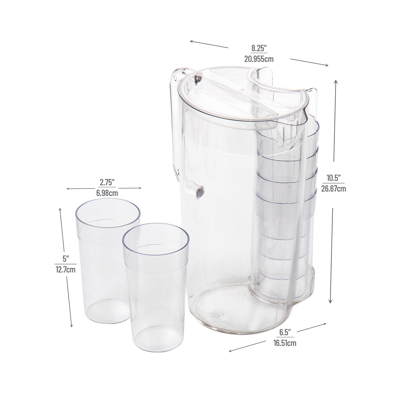 Mind Reader Foundation Collection, Pitcher and Cup Set, 88oz. Pitcher with Built-in Glass Storage, Includes 6 - 10oz. Cups, High-Quality 100% AS Plastic, 6.5"L x 6.5"W x 10.5"H, Clear