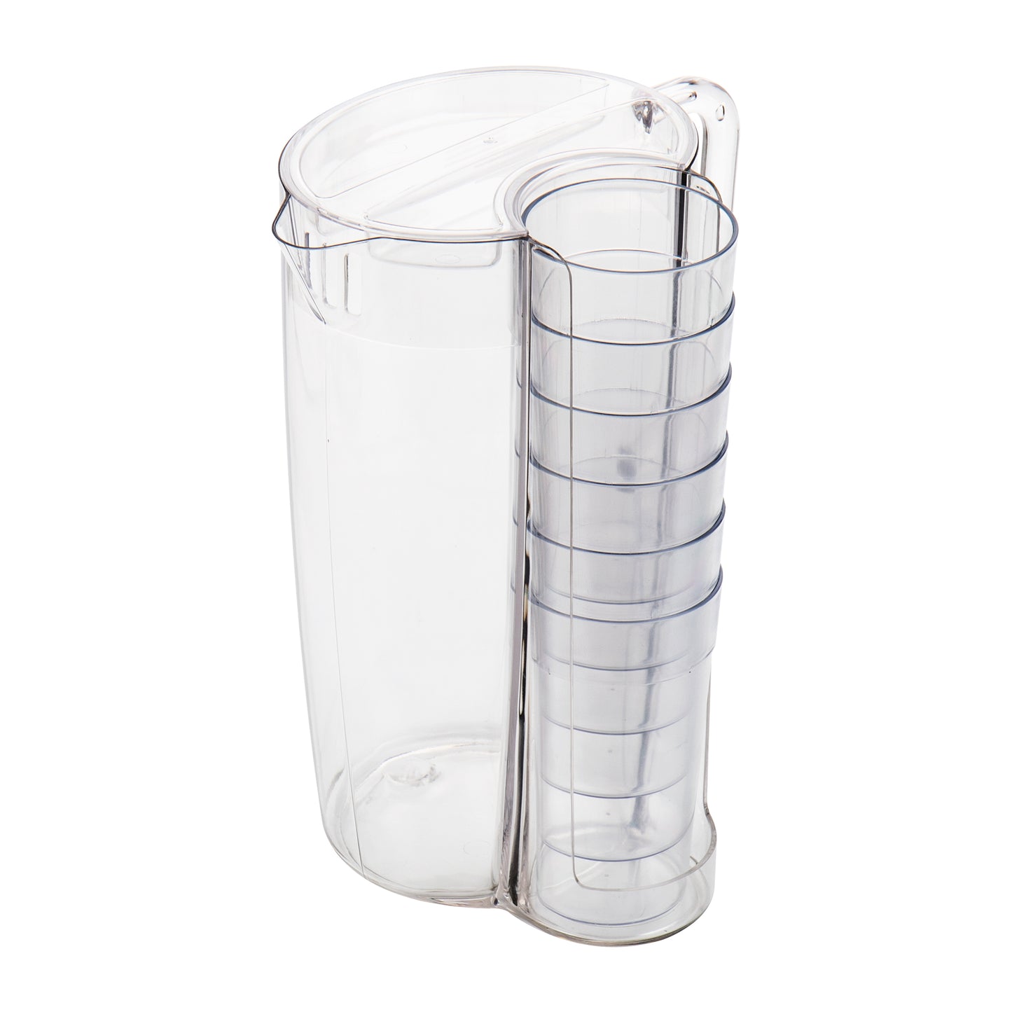 Mind Reader Foundation Collection, Pitcher and Cup Set, 88oz. Pitcher with Built-in Glass Storage, Includes 6 - 10oz. Cups, High-Quality 100% AS Plastic, 6.5"L x 6.5"W x 10.5"H, Clear