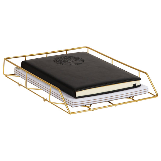 Mind Reader Gold Geometric Paper Tray, Modern Organizer for Documents, Folders, and Office Supplies, Durable and Stylish, Metal, 10"L x 12.25"W x 2"H, Gold