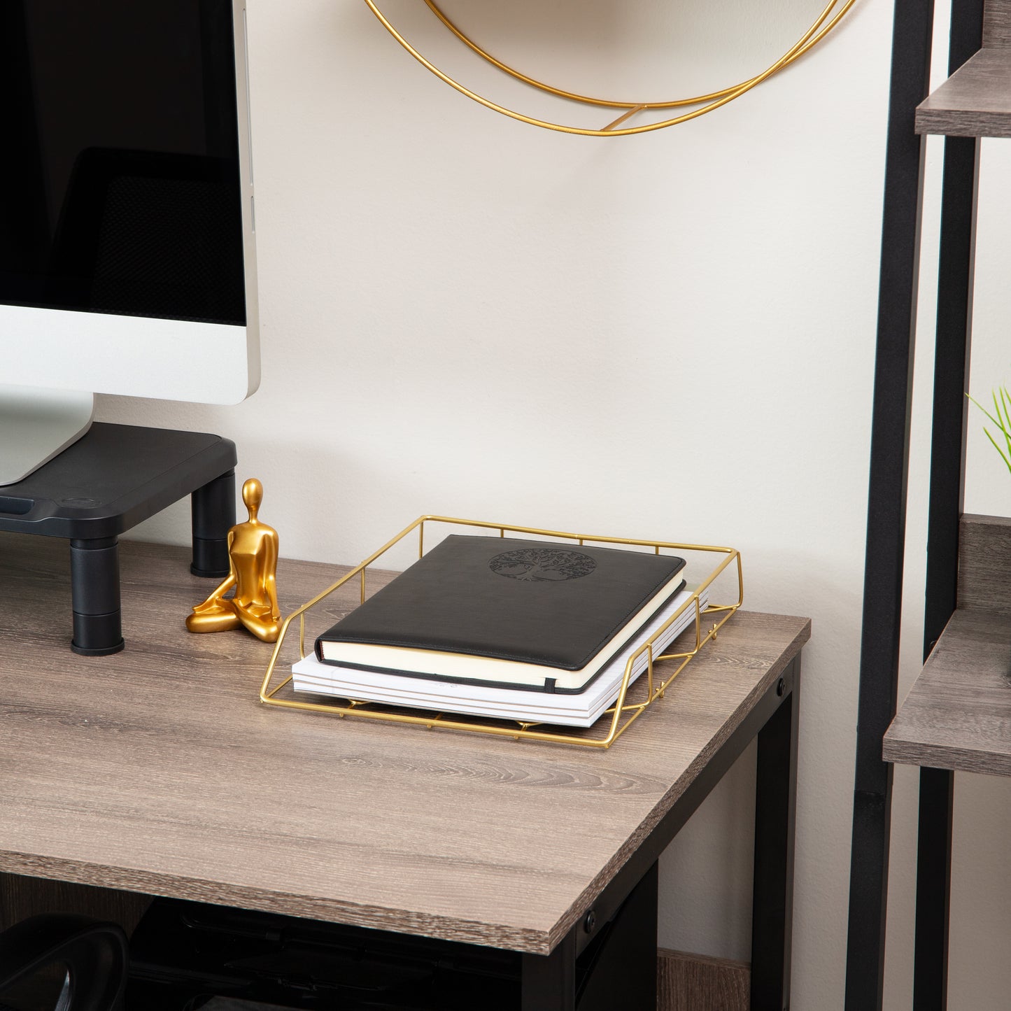 Mind Reader Gold Geometric Paper Tray, Modern Organizer for Documents, Folders, and Office Supplies, Durable and Stylish, Metal, 10"L x 12.25"W x 2"H, Gold