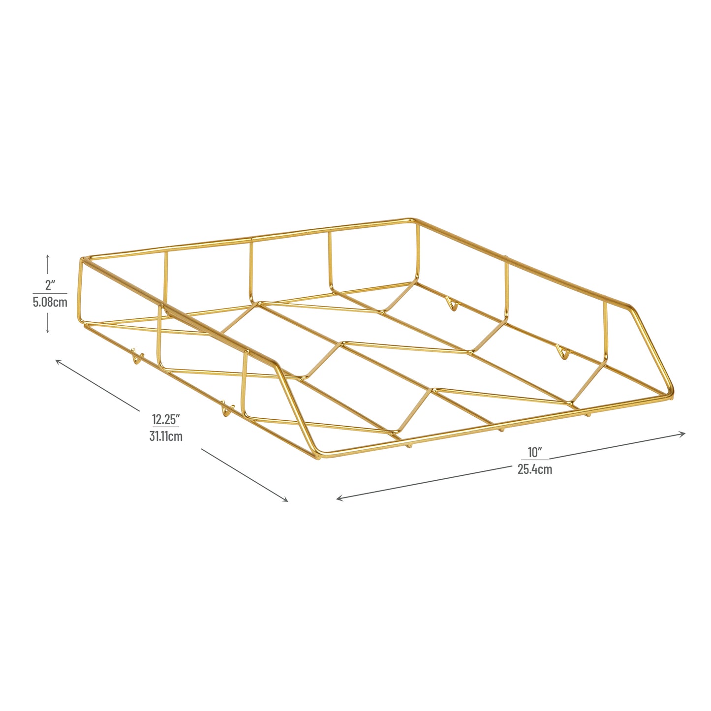 Mind Reader Gold Geometric Paper Tray, Modern Organizer for Documents, Folders, and Office Supplies, Durable and Stylish, Metal, 10"L x 12.25"W x 2"H, Gold