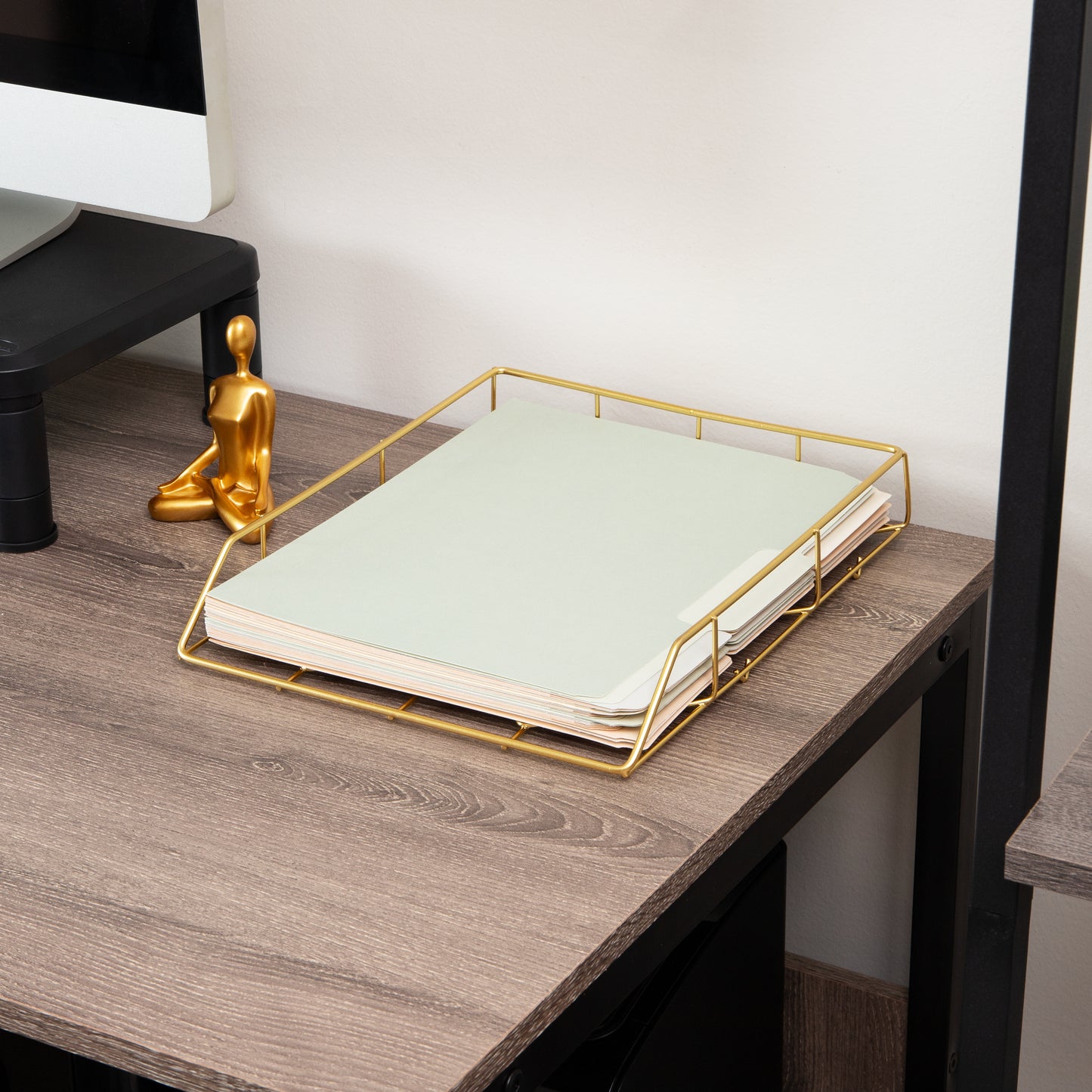 Mind Reader Gold Geometric Paper Tray, Modern Organizer for Documents, Folders, and Office Supplies, Durable and Stylish, Metal, 10"L x 12.25"W x 2"H, Gold
