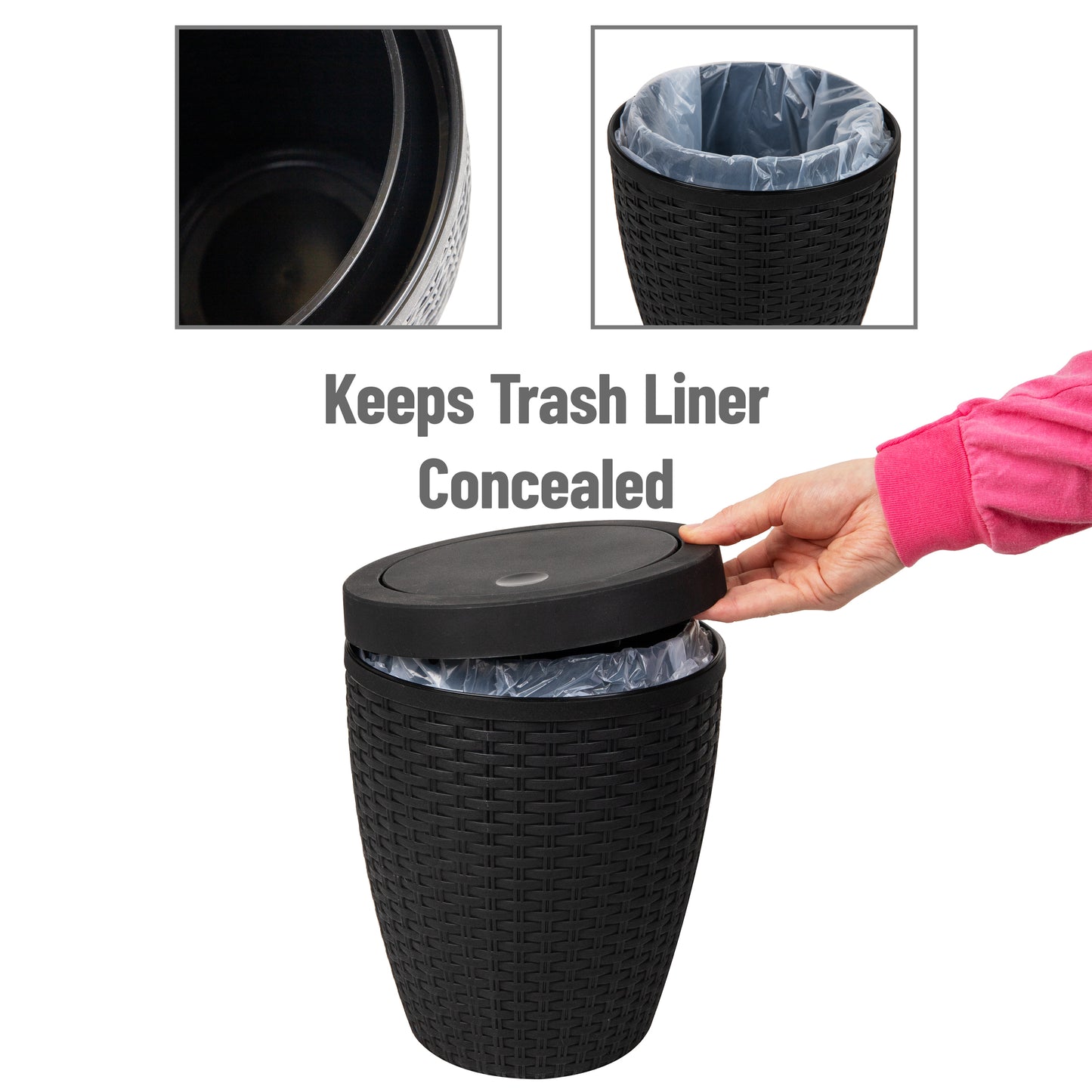 Mind Reader Basket Collection, Round Wastepaper Basket with Swivel Lid and Toilet Brush Set, Wicker Style, Bathroom, 2 Piece Set