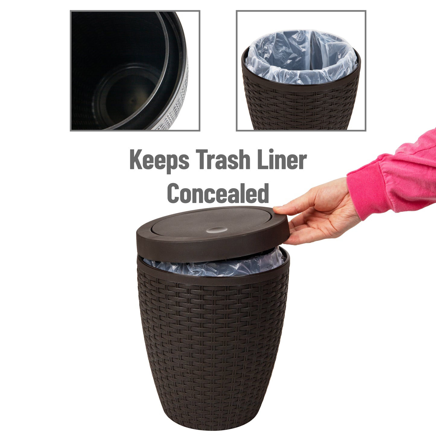 Mind Reader Basket Collection, Round Wastepaper Basket with Swivel Lid and Toilet Brush Set, Wicker Style, Bathroom, 2 Piece Set