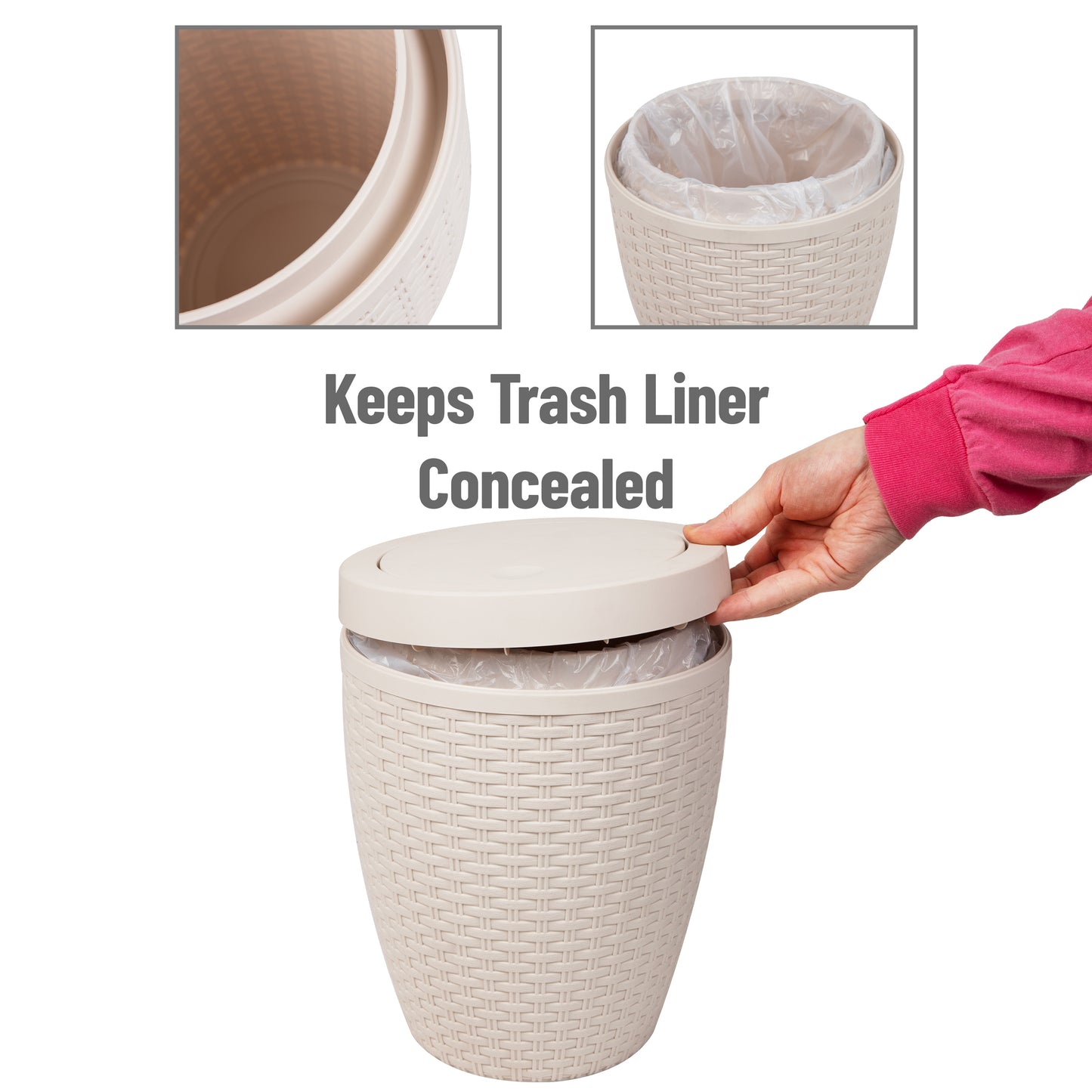 Mind Reader Basket Collection, Round Wastepaper Basket with Swivel Lid and Toilet Brush Set, Wicker Style, Bathroom, 2 Piece Set