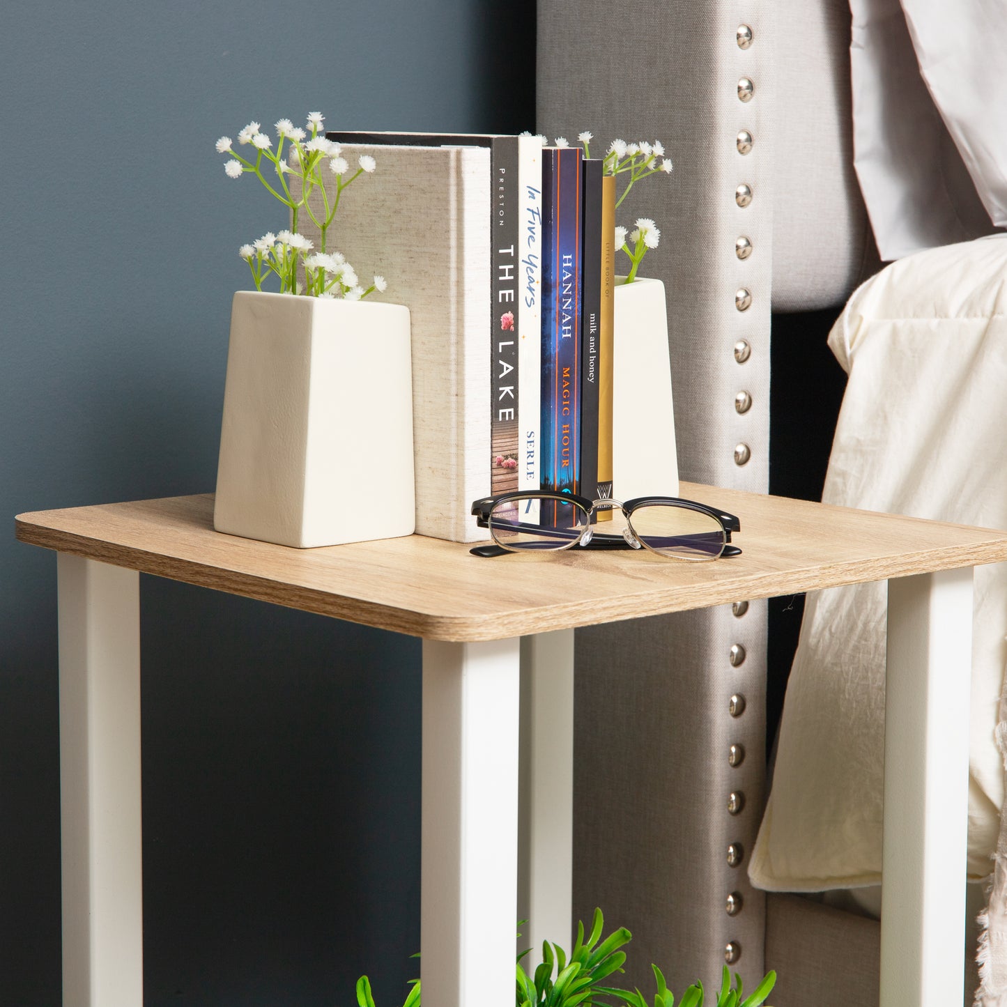 Mind Reader Cement Planter Bookends with Faux Plants, Decorative Book Ends for Shelves and Desk, Set of 2, White