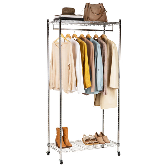 Mind Reader Heavy Duty Rolling Garment Rack with Adjustable Bar, Double Shelves & Locking Wheels, Chrome Steel Clothing Organizer, Chrome