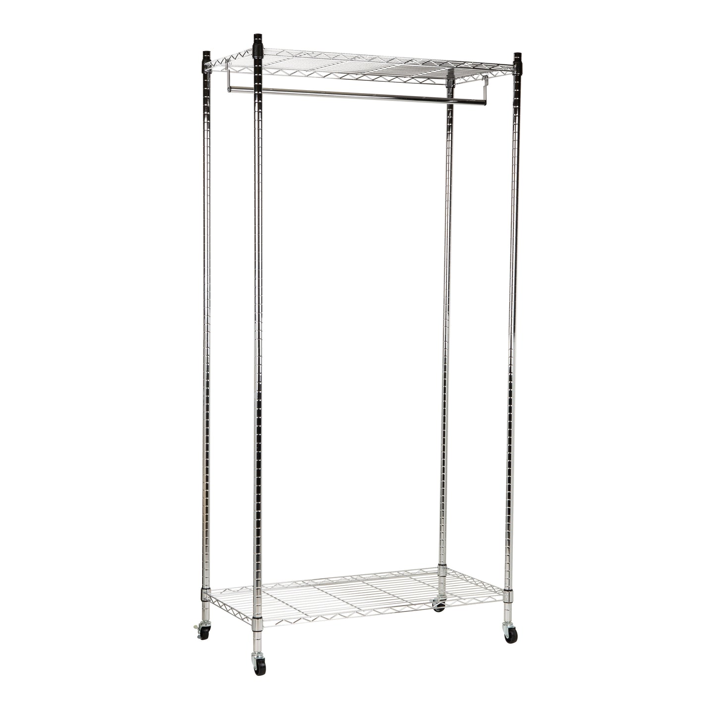 Mind Reader Heavy Duty Rolling Garment Rack with Adjustable Bar, Double Shelves & Locking Wheels, Chrome Steel Clothing Organizer, Chrome