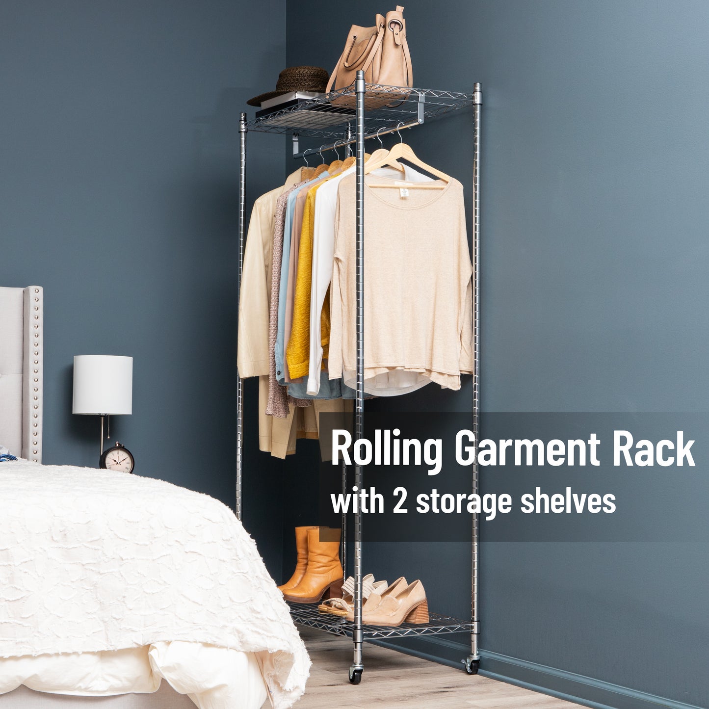Mind Reader Heavy Duty Rolling Garment Rack with Adjustable Bar, Double Shelves & Locking Wheels, Chrome Steel Clothing Organizer, Chrome