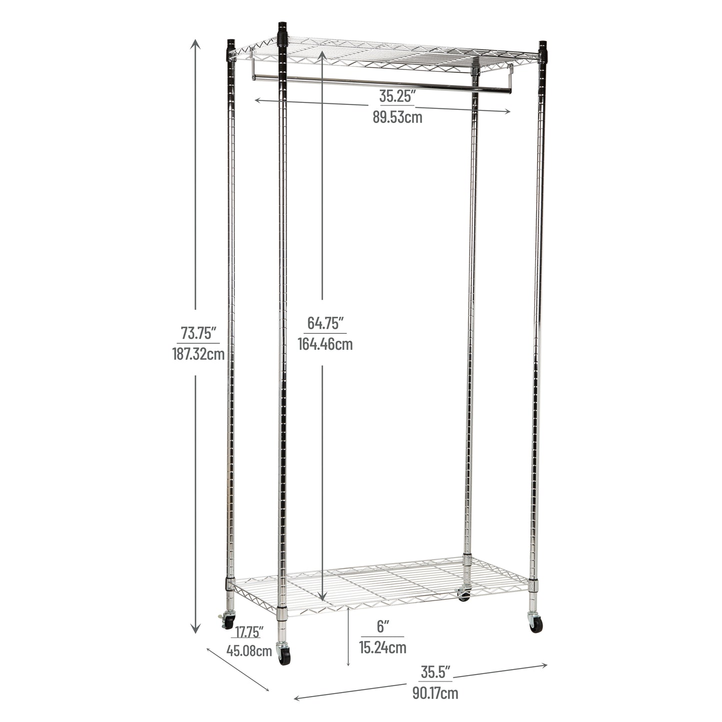 Mind Reader Heavy Duty Rolling Garment Rack with Adjustable Bar, Double Shelves & Locking Wheels, Chrome Steel Clothing Organizer, Chrome