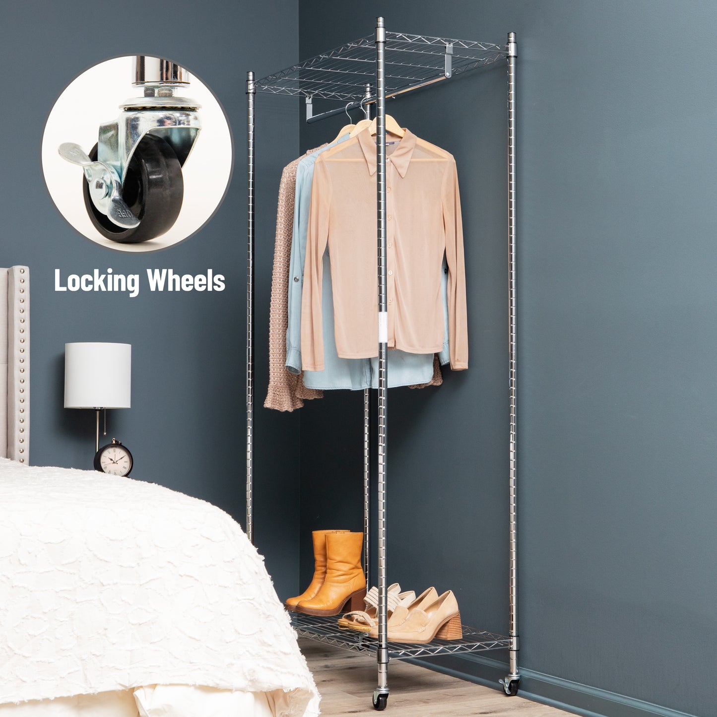 Mind Reader Heavy Duty Rolling Garment Rack with Adjustable Bar, Double Shelves & Locking Wheels, Chrome Steel Clothing Organizer, Chrome