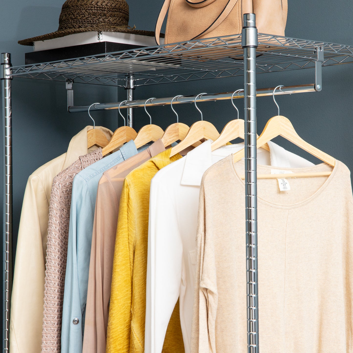 Mind Reader Heavy Duty Rolling Garment Rack with Adjustable Bar, Double Shelves & Locking Wheels, Chrome Steel Clothing Organizer, Chrome