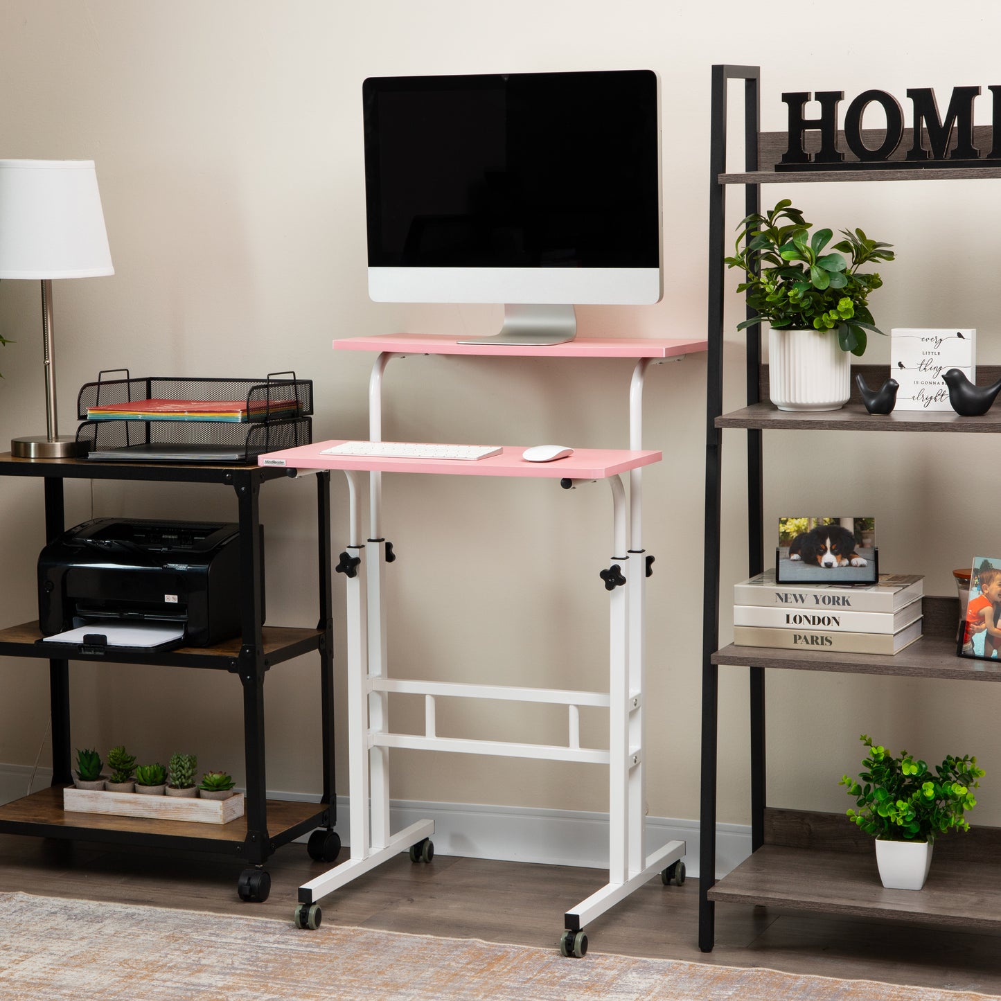 Mind Reader Standing Desk, Adjustable Height Laptop Workstation, Portable Rolling Desk on Wheels, Two-Tier Metal Frame