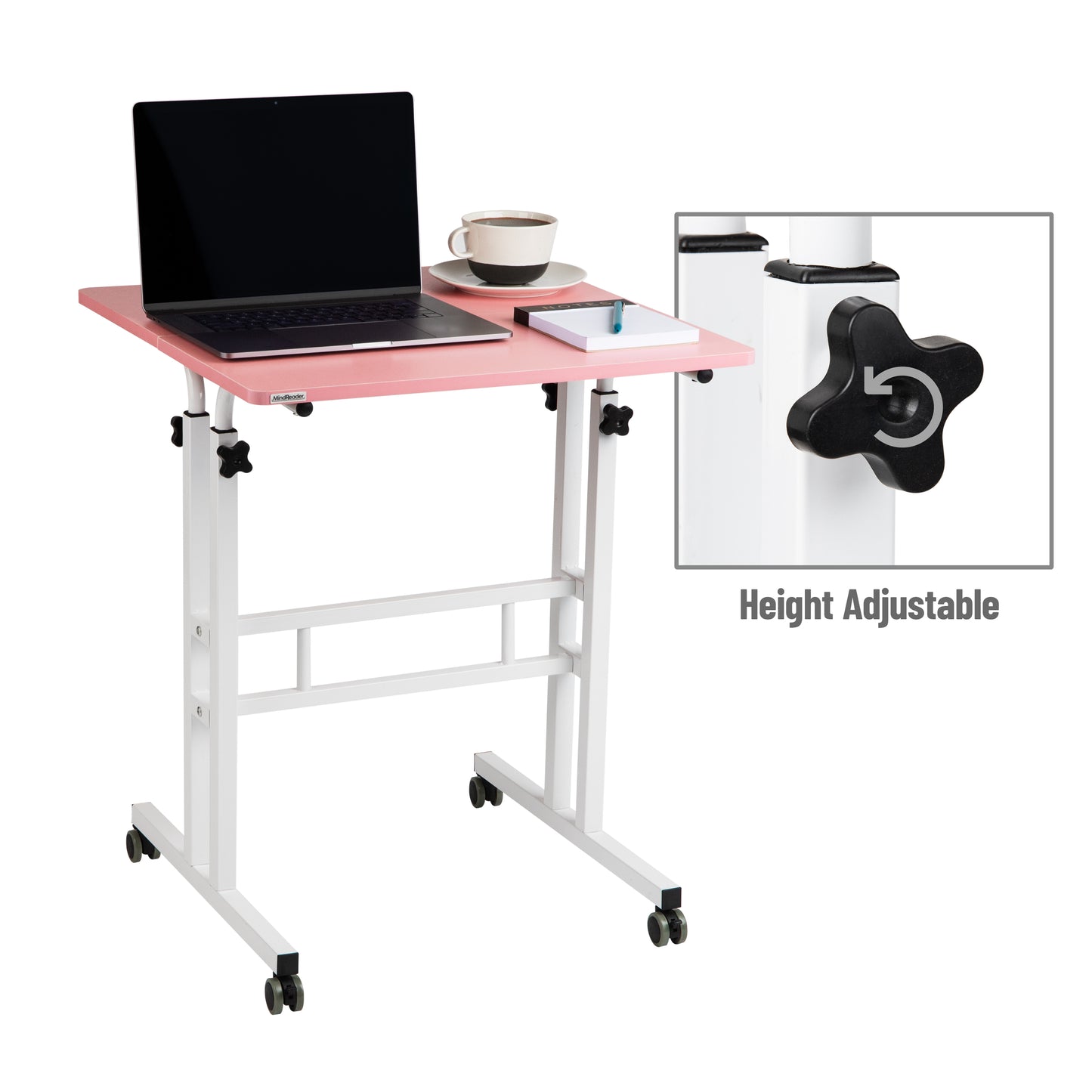Mind Reader Standing Desk, Adjustable Height Laptop Workstation, Portable Rolling Desk on Wheels, Two-Tier Metal Frame
