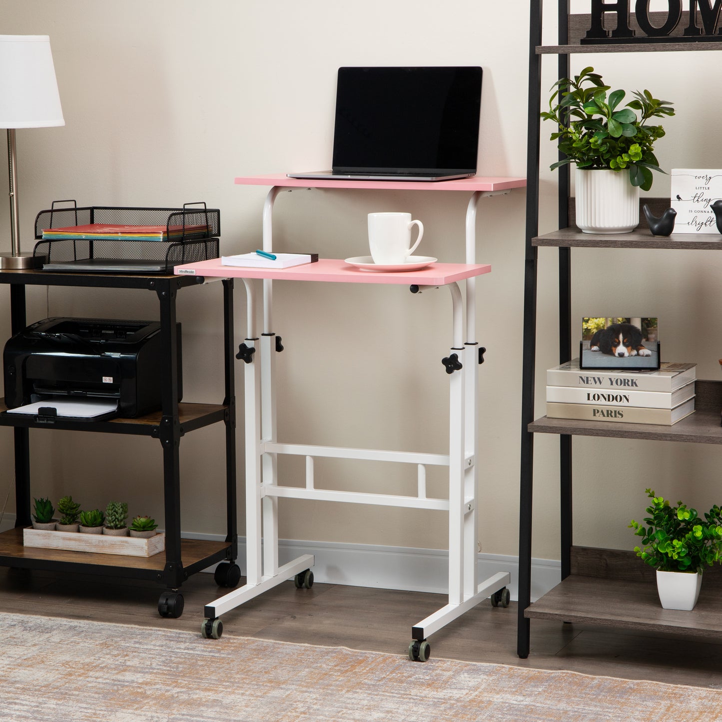 Mind Reader Standing Desk, Adjustable Height Laptop Workstation, Portable Rolling Desk on Wheels, Two-Tier Metal Frame