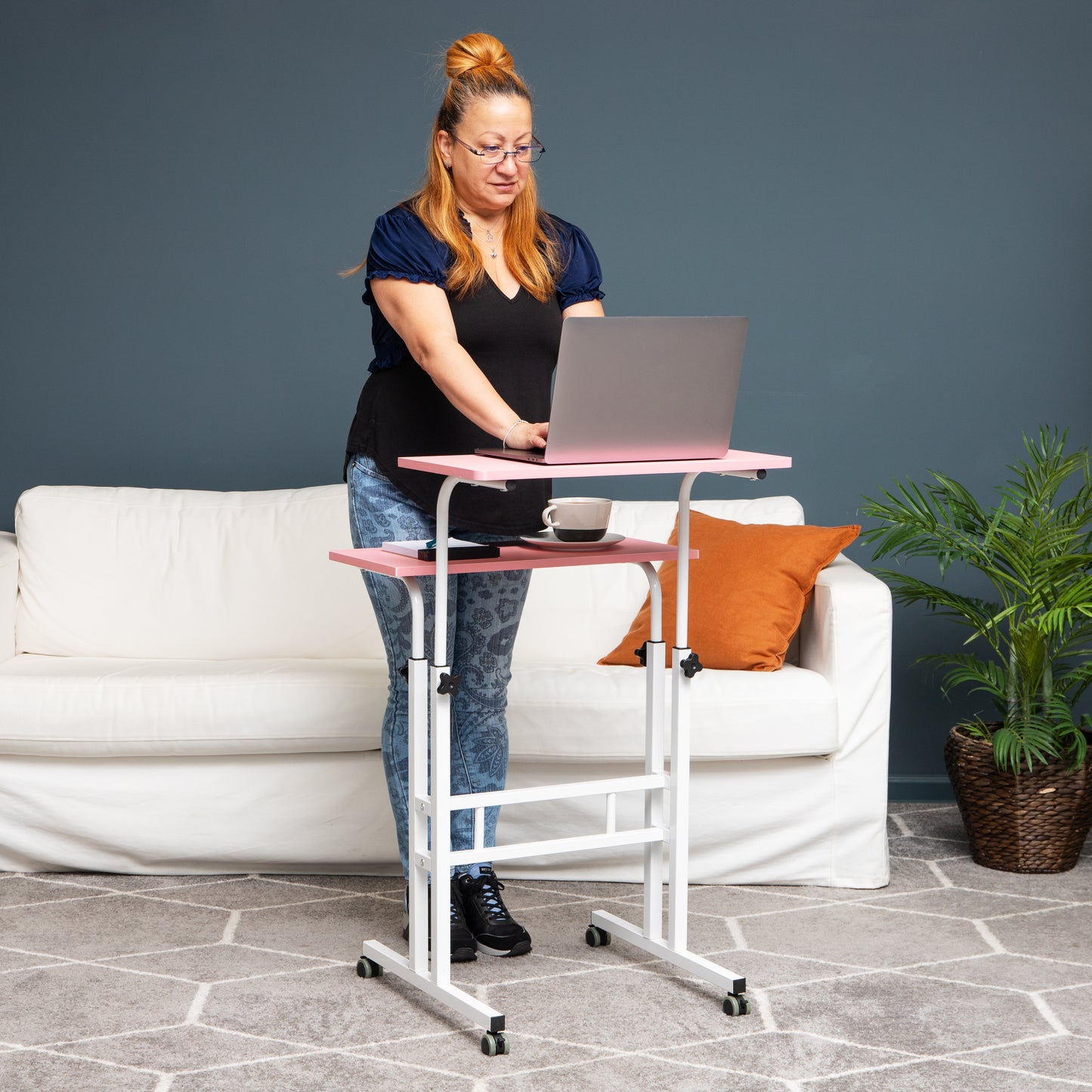 Mind Reader Standing Desk, Adjustable Height Laptop Workstation, Portable Rolling Desk on Wheels, Two-Tier Metal Frame