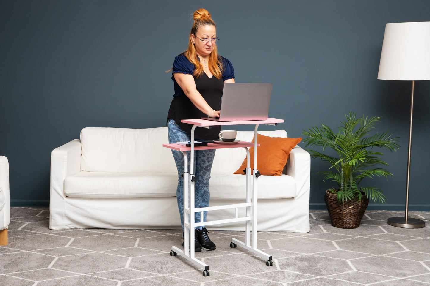 Mind Reader Standing Desk, Adjustable Height Laptop Workstation, Portable Rolling Desk on Wheels, Two-Tier Metal Frame