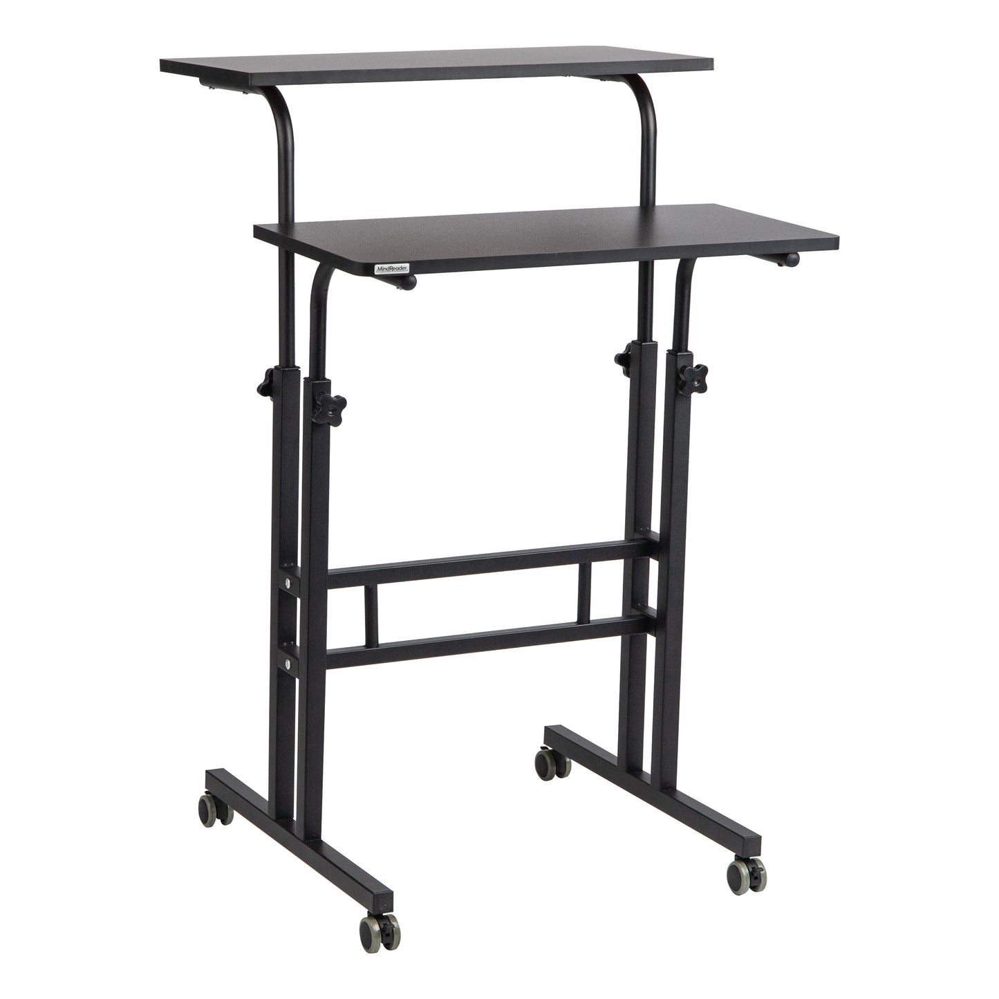 Mind Reader Standing Desk, Adjustable Height Laptop Workstation, Portable Rolling Desk on Wheels, Two-Tier Metal Frame