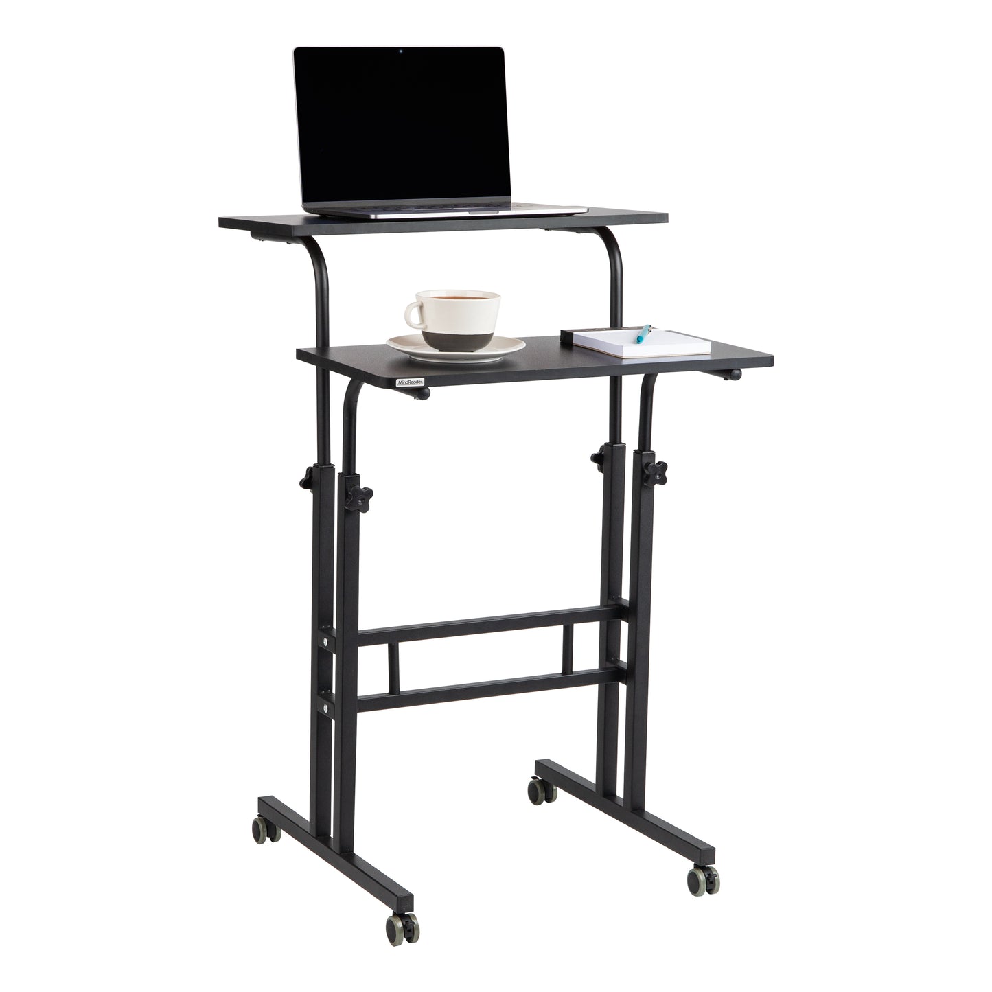 Mind Reader Standing Desk, Adjustable Height Laptop Workstation, Portable Rolling Desk on Wheels, Two-Tier Metal Frame