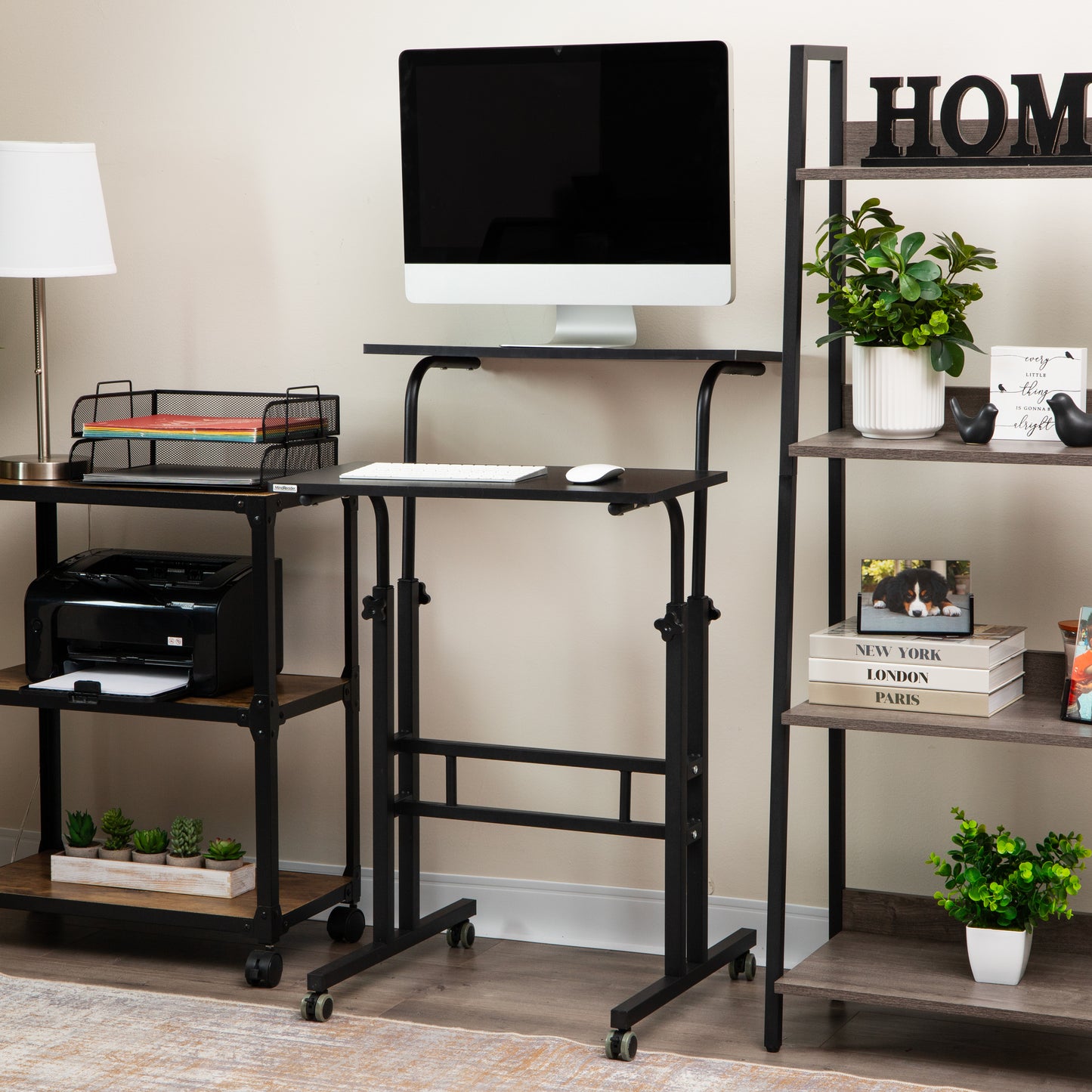 Mind Reader Standing Desk, Adjustable Height Laptop Workstation, Portable Rolling Desk on Wheels, Two-Tier Metal Frame