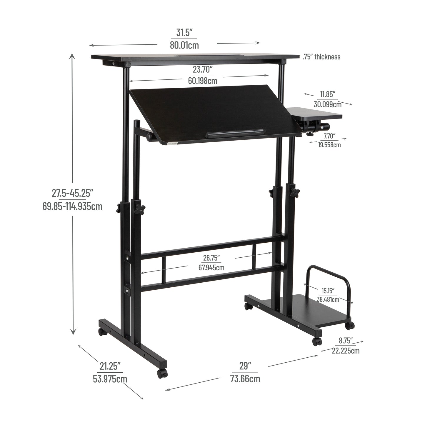 Mind Reader Woodland Collection, Mobile Sit/Stand Desk, Height Adjustable, Lockable Casters, Portable