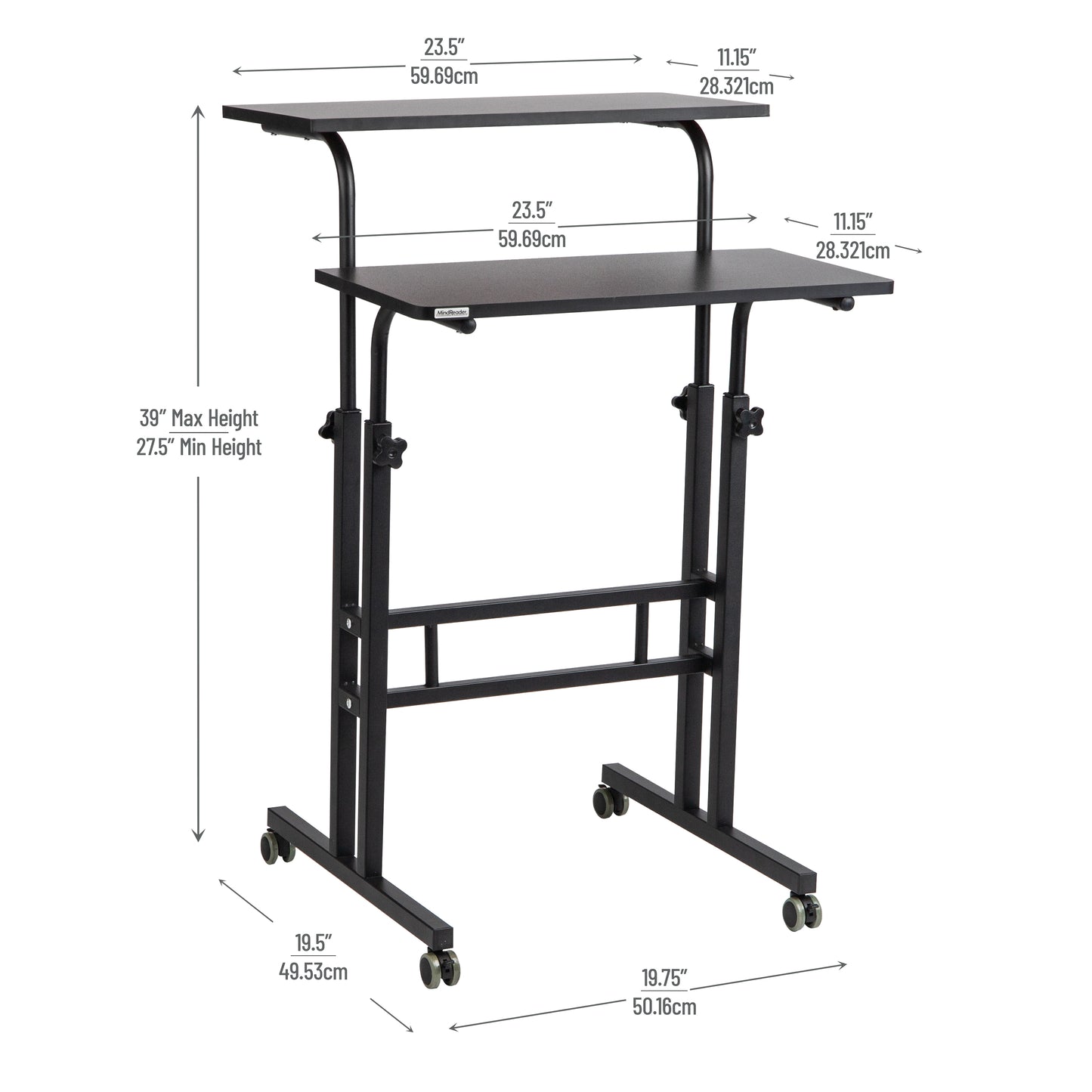 Mind Reader Standing Desk, Adjustable Height Laptop Workstation, Portable Rolling Desk on Wheels, Two-Tier Metal Frame