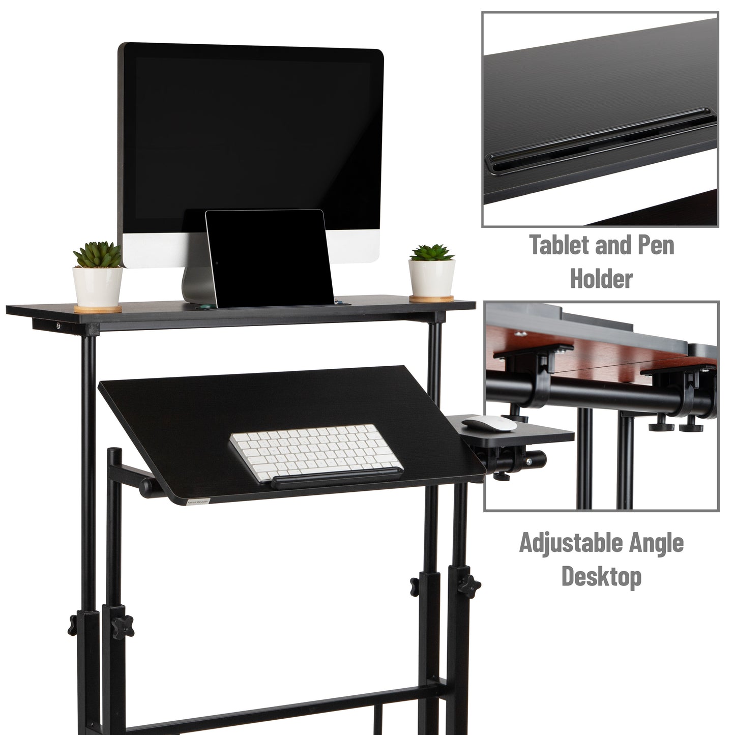 Mind Reader Woodland Collection, Mobile Sit/Stand Desk, Height Adjustable, Lockable Casters, Portable
