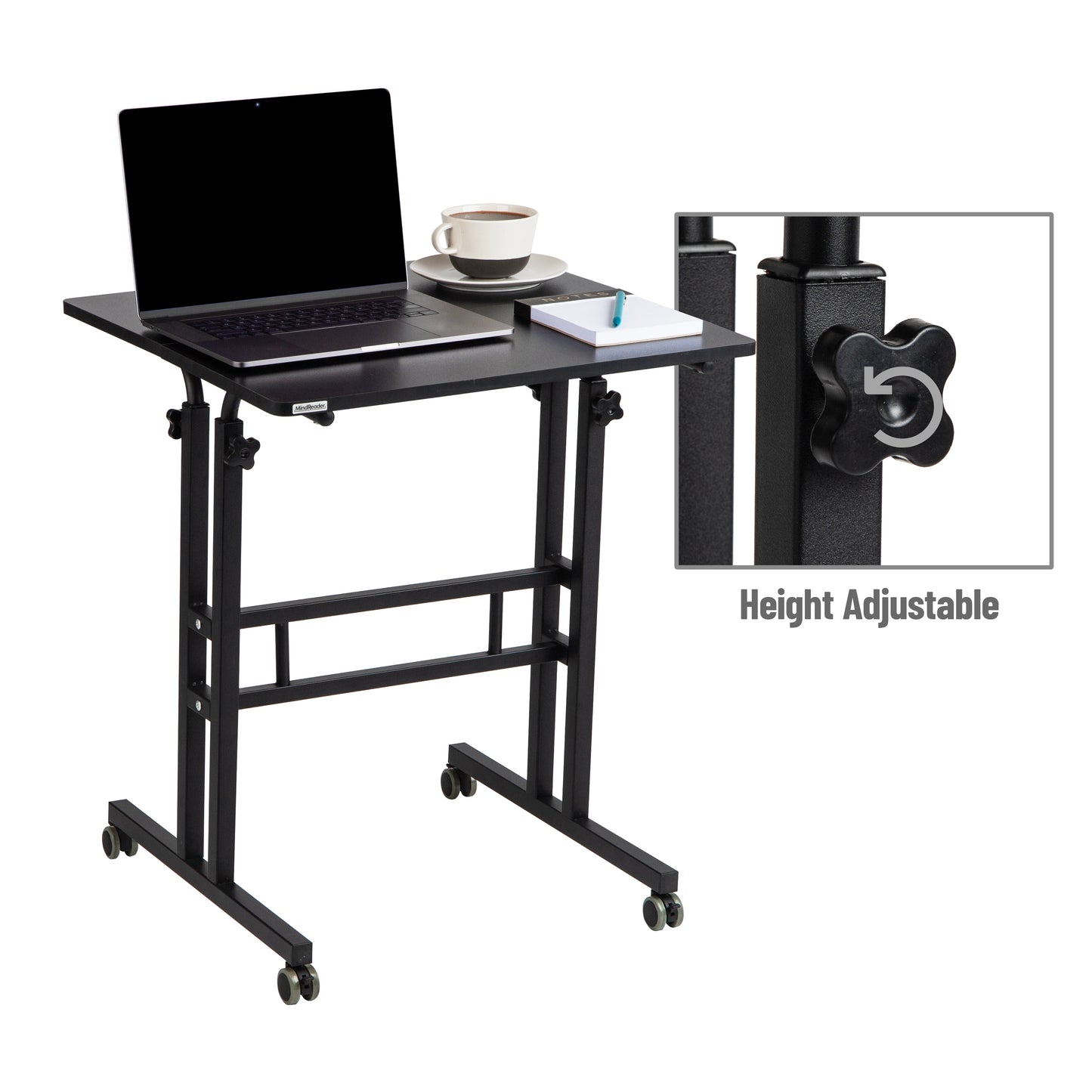 Mind Reader Standing Desk, Adjustable Height Laptop Workstation, Portable Rolling Desk on Wheels, Two-Tier Metal Frame