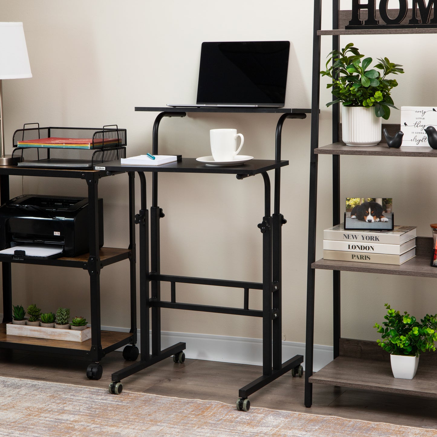 Mind Reader Standing Desk, Adjustable Height Laptop Workstation, Portable Rolling Desk on Wheels, Two-Tier Metal Frame
