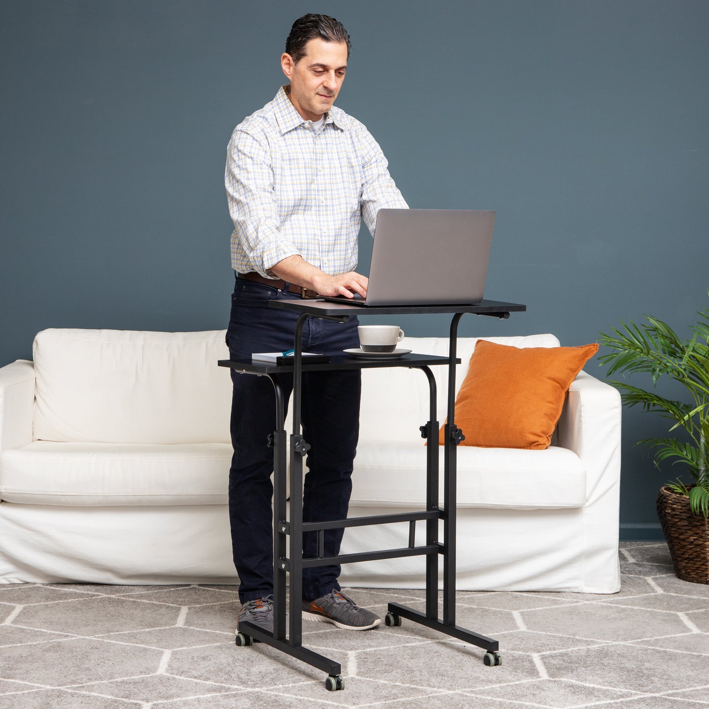 Mind Reader Standing Desk, Adjustable Height Laptop Workstation, Portable Rolling Desk on Wheels, Two-Tier Metal Frame