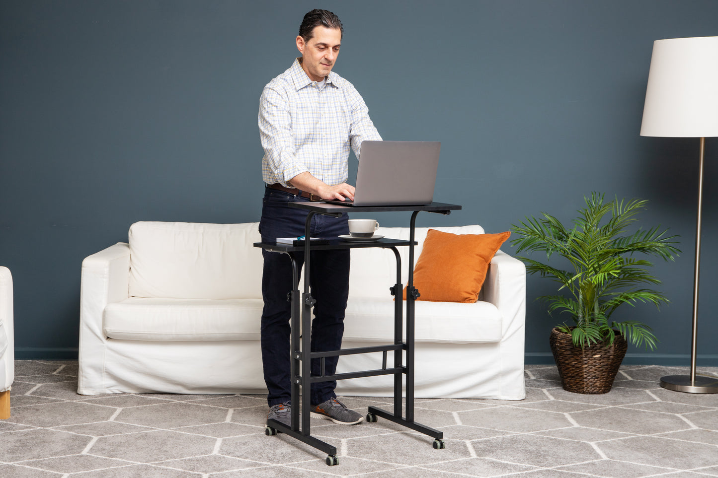 Mind Reader Standing Desk, Adjustable Height Laptop Workstation, Portable Rolling Desk on Wheels, Two-Tier Metal Frame