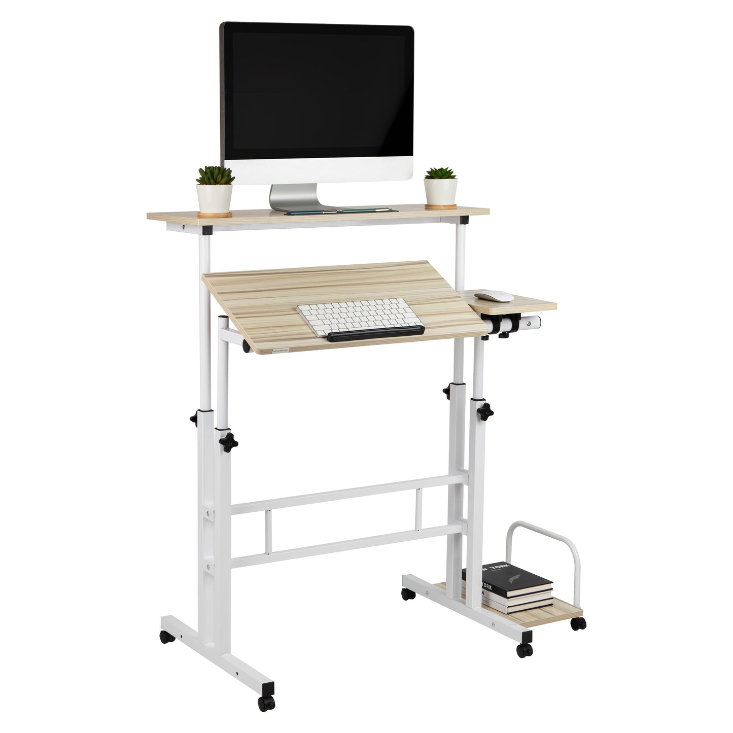 Mind Reader Woodland Collection, Mobile Sit/Stand Desk, Height Adjustable, Lockable Casters, Portable