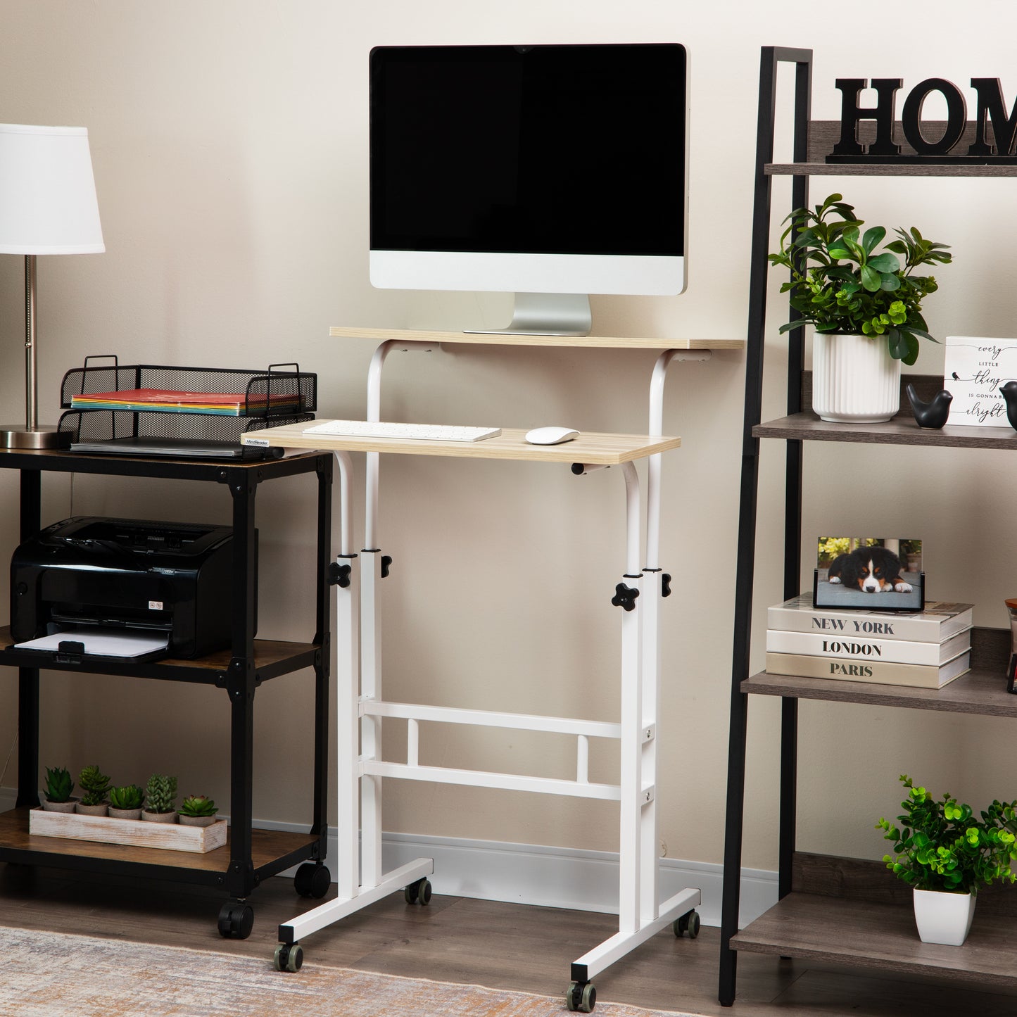 Mind Reader Standing Desk, Adjustable Height Laptop Workstation, Portable Rolling Desk on Wheels, Two-Tier Metal Frame